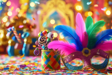 Colorful confetti in front of colorful background with bokeh for carnival - obrazy, fototapety, plakaty