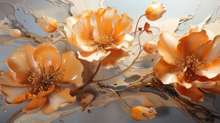 Golden Blooms Emerging from Ethereal Fluidic Landscape