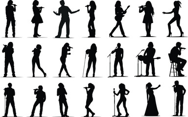 Set of Music  vector silhouettes singer group of people singing musical instrument microphone playing drummer Illustrations