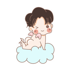 Cute little boy small wings baptism angel on the cloud vector illustration for baby shower