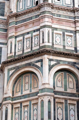 Details of the exterior of the di Santa Maria del Fiore or Cathedral of Saint Mary of the Flower - the main church of Florence, Tuscany, Italy.