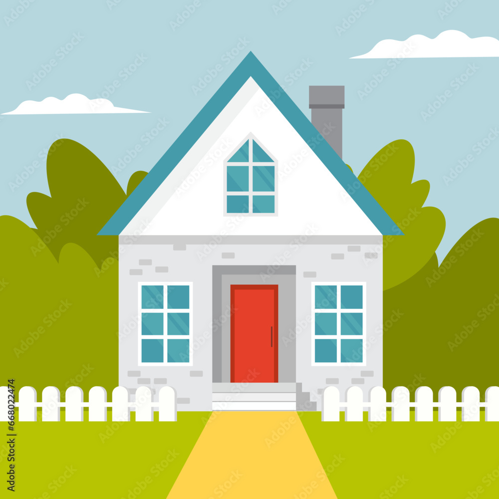 Poster house in the garden. flat style vector illustration.