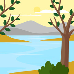 landscape with river and trees. vector illustration in flat style.