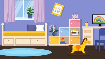 Children's room with furniture and toys. Vector illustration in flat style