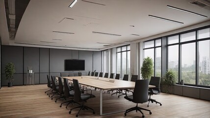 Modern conference room interior with panoramic city view. 3D Rendering.