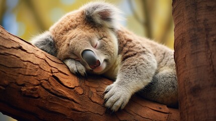 Funny little koala lying down on branch isolated nature background. AI generated