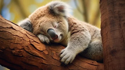 Fotobehang Funny little koala lying down on branch isolated nature background. AI generated © prastiwi