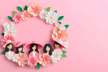 Paper art , Happy women's day 8 march with women of different frame of flower , women's day specials offer sale wording isolate