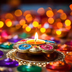 Obraz na płótnie Canvas Diya placed in middle of colorful rangoli happy Diwali background - ai generative