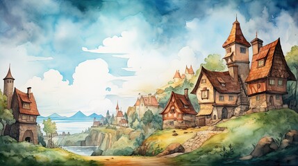 Watercolor Illustration of Warm and Tidy Little Village, Landscape Background

