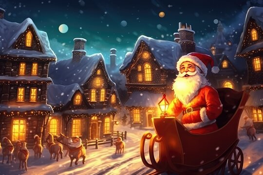 This image shows Santa Claus riding in a sleigh against the backdrop of a winter village.

 Generative AI