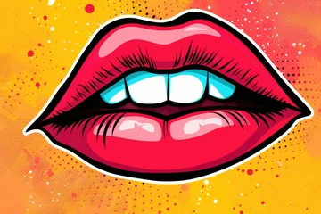 Foto op Aluminium This vibrant illustration showcases sexy female lips on a colorful background in a captivating pop art style. The vivid details of the lips and the vibrant colors will undoubtedly grab   Generative AI © lee