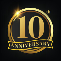 10th golden anniversary logo,with Laurel Wreath and gold ribbon Vector Illustration - obrazy, fototapety, plakaty