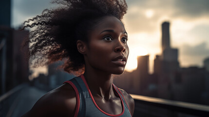 Fototapeta premium Determined Female Runner with Sweat-Glistened Face in Urban Fitness Scene