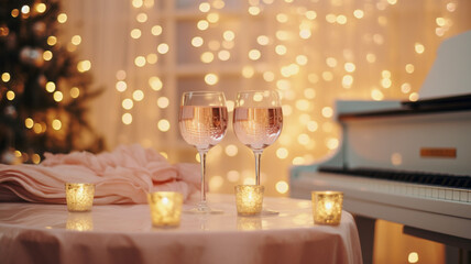 Two glasses of champagne sparkle amid the warm glow of candlelight in a room adorned with a piano...