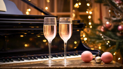 Two Champagne glasses glisten in a room adorned with a piano and the golden glow of Christmas...