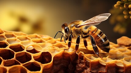 Portrait Honey Bee building a bee hive, honeycomb. AI generated image - obrazy, fototapety, plakaty