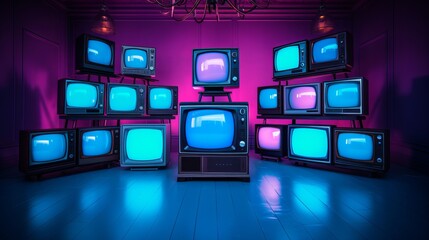 Old vintage television screens in blue and violet colors on the floor in a room - obrazy, fototapety, plakaty