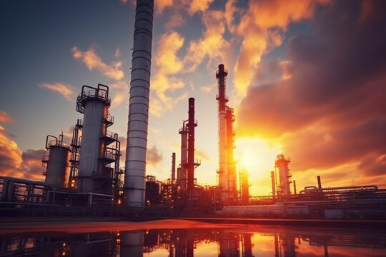 Oil refinery plant form industry zone with sunrise and cloudy sky. equipment steel pipes plant