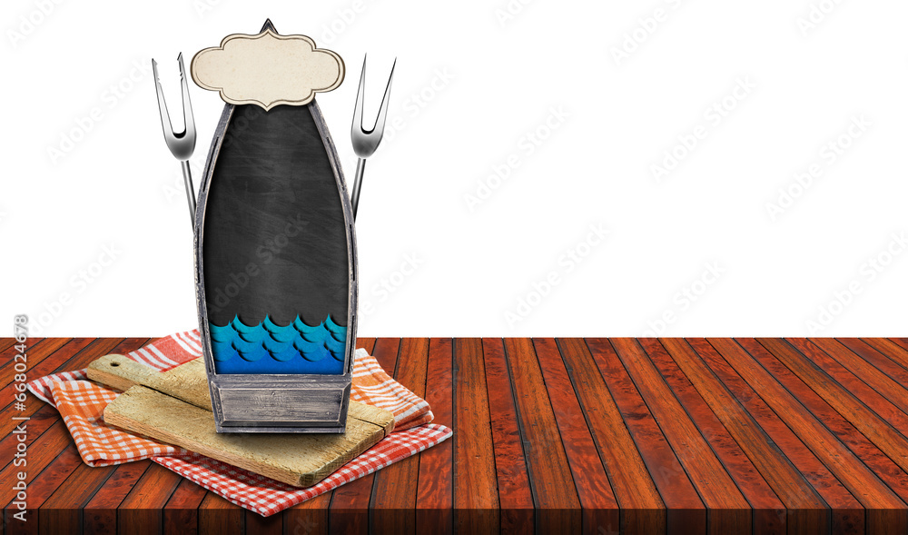Aufkleber template of a restaurant menu in the shape of small wooden boat with empty blackboard and copy space
