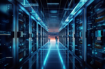 Storage and processing of Internet data in server room. High speed internet concept. AI generated