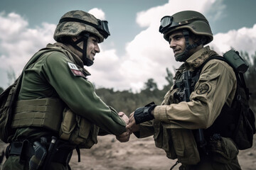Two warring soldiers shake hands and make peace on battlefield - obrazy, fototapety, plakaty