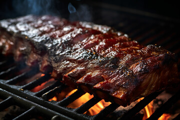 a close up of a rack of ribs on a grill - obrazy, fototapety, plakaty