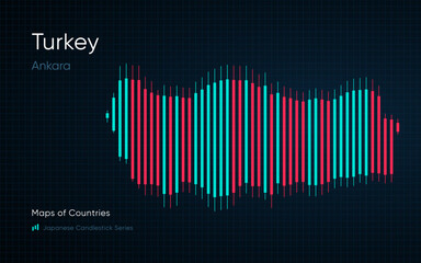 Fototapeta premium Turkey map is shown in a chart with bars and lines. Japanese candlestick chart Series