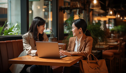Obraz premium Two Businesswomen Collaborating at a Cafe