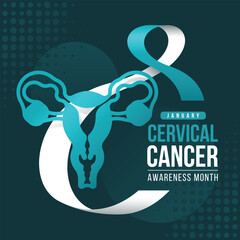 Cervical Cancer Awareness Month - Text and teal uterus sign with teal white cancer awareness ribbon roll around on dark background vector design - obrazy, fototapety, plakaty