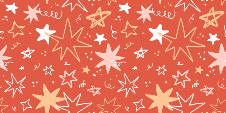Doodle stars seamless pattern. Christmas, birthday red background with hand drawn geometric free forms, squiggles, abstract shapes. Vector illustration, naive art. Cheerful vintage banner.
