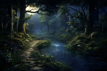 Fototapeta na wymiar Enchanting moonlight in serene woods. Generative AI