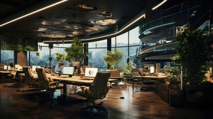 Blend of tradition and innovation in a sustainable workspace. - obrazy, fototapety, plakaty
