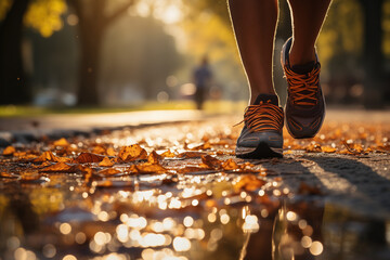 Close-up at the runner feet is jogging at the public park in autumn environment with morning sunlight background. Sport activity concept scene.