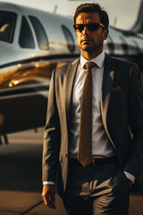 A handsome business man in black suit is standing in front of private jet. Successful businessman or millionaire person concept scene.