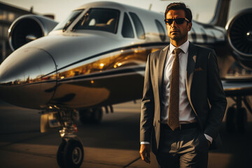 A handsome business man in black suit is standing in front of private jet. Successful businessman or millionaire person concept scene.