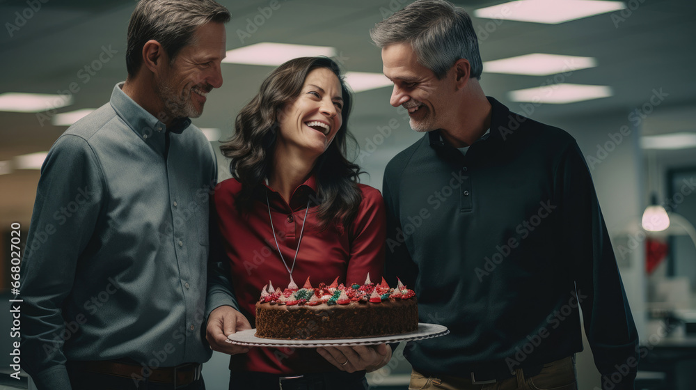 Poster Manager and employees around festive cake celebrating achievements with camaraderie.