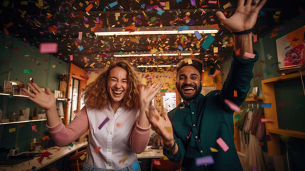 Coworkers in vibrant co-working space high-fiving surrounded by colorful murals confetti.
