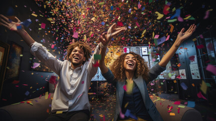 Two coworkers in vibrant co-working space surrounded by murals high-fiving confetti.