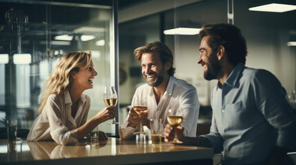 Team of three employees in modern office lounge clinking glasses celebrating success.