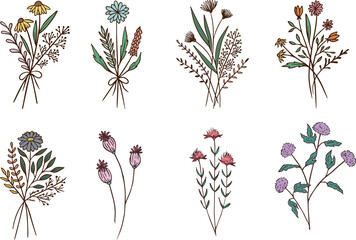 Floral Bouquet, Wildflower Bouquet, Hand Drawn Vector Illustrations