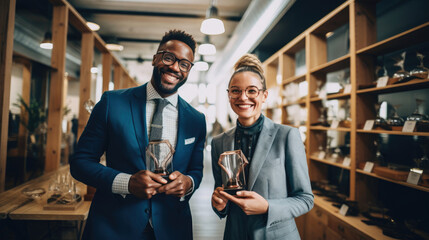 Obraz premium Colleagues in chic loft receive custom awards expressions filled with pride.
