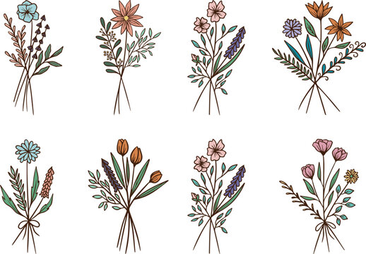 Floral Bouquet, Wildflower Bouquet, Hand Drawn Vector Illustration