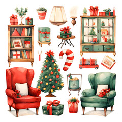 collection of Living room set, decorate for christmas season with red and green color, christmas watercolors, watercolor illustration