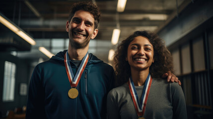 Two coworkers receive medals filled with gratitude and pride in a modern loft. - obrazy, fototapety, plakaty