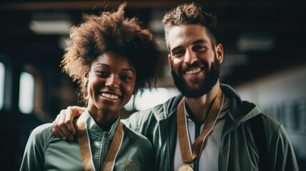 Pair in modern loft grateful and proud receiving custom-designed medals. - obrazy, fototapety, plakaty