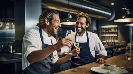 Fototapeta premium Chefs toast with champagne smiling in a modern kitchen.