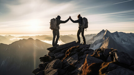 A pair of mountain climbers at the summit share a triumphant high-five