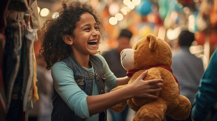 At a bustling carnival a vendor gives a delighted child a giant stuffed toy their faces brimming with the joy of a triumphant game. - obrazy, fototapety, plakaty