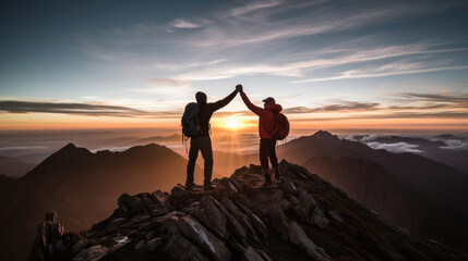 At the summit two mountain climbers share a triumphant high-five